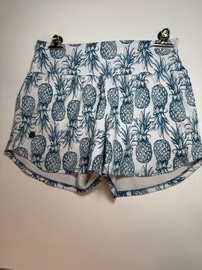 Women’s White Athletic Shorts with Blue Pineapple Print